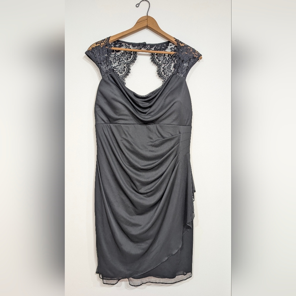 Dressbarn Women's 14 Black Lace Keyhole Cap Sleeve Rouched Back Midi Dress LBD
